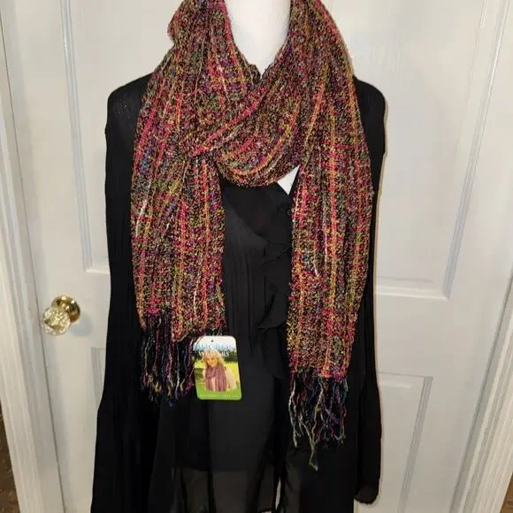 Mucros Weavers multicolor, handwoven-style scarf with fringe. 14” x 73” - Picture 1 of 7